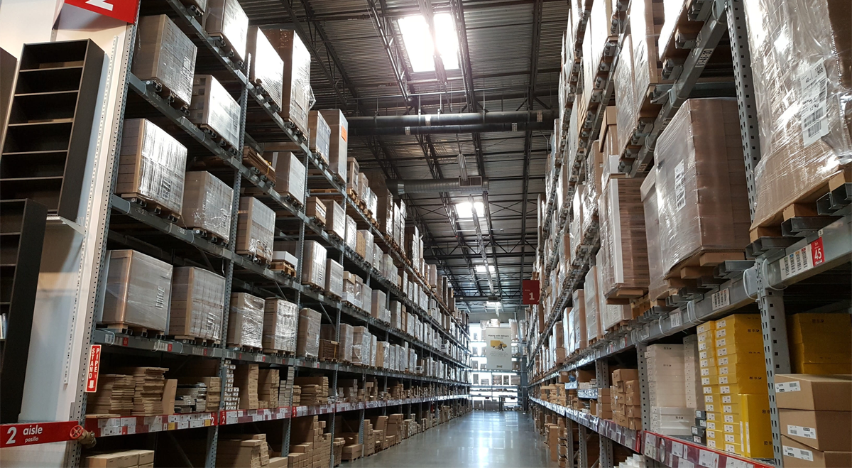 Shelves of goods in a warehouse