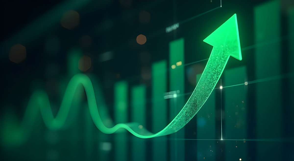 Stock chart with green arrow moving up