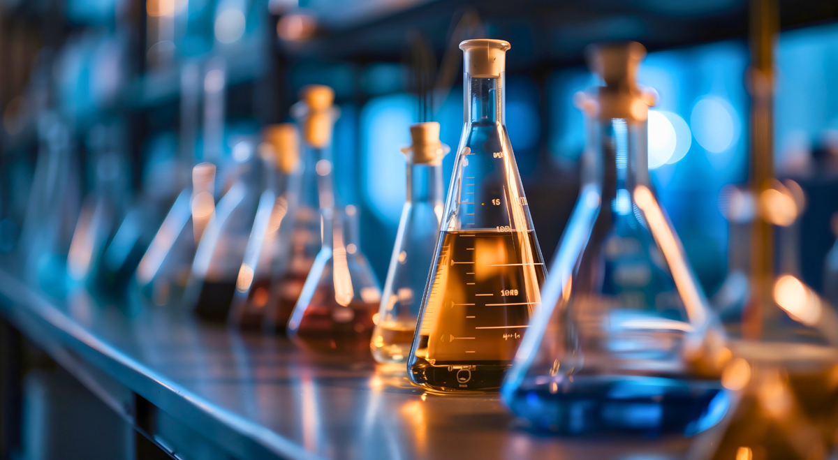 Chemicals in flasks