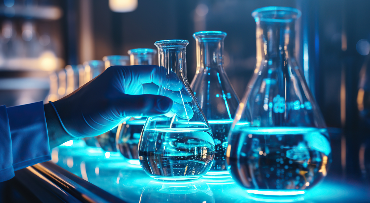 Chemicals in flasks