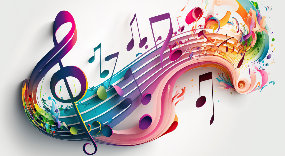 Colourful music notes swooping