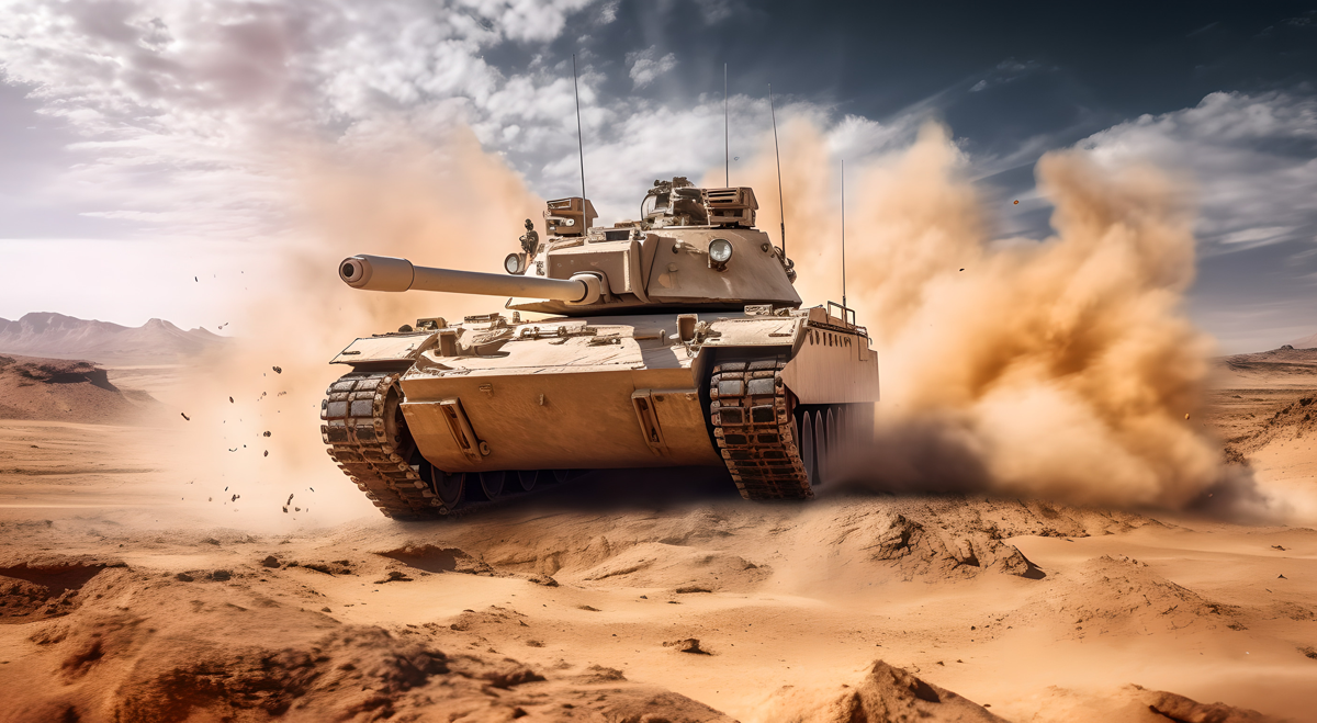 Tank driving through the desert