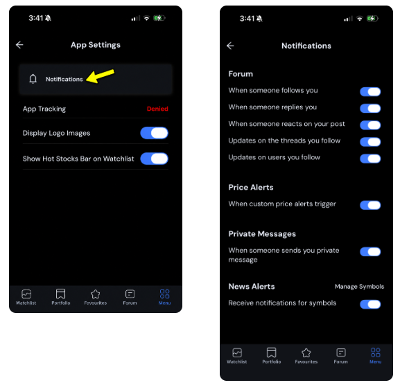 ADVFN app notifications